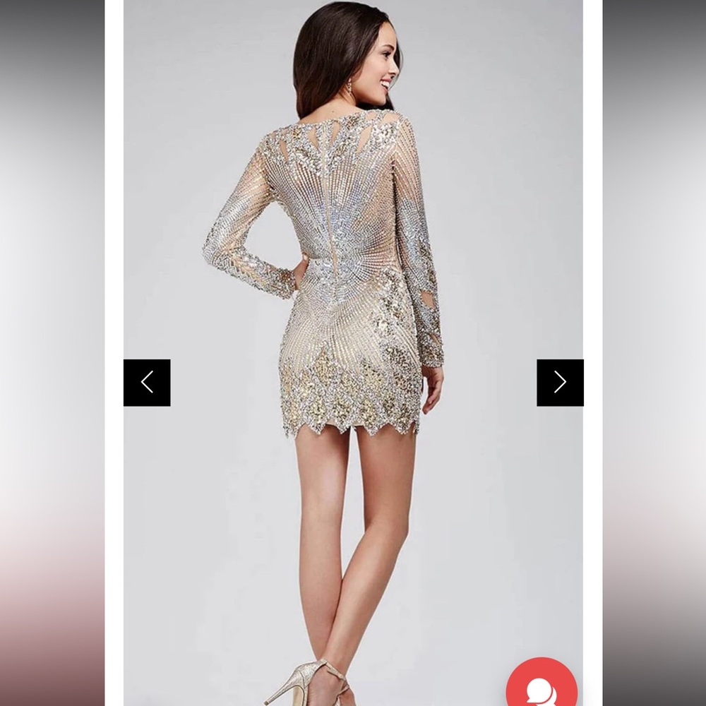 Jovani Gold Sequin Beaded Mini Dress | Long Sleeve Cocktail Dress Designer - Picture 2 of 14